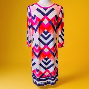 Women's Small Shift Dress Mod Style 3/4 Sleeves Navy Pink Orange White